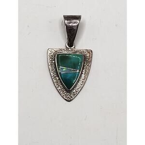 Vintage Sterling Silver Turquoise Opal Inlay Shield Pendant Southwestern 1980s